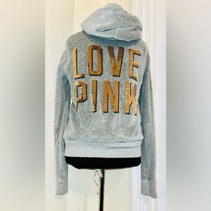 PINK Victoria's Secret Velour Grey Sherpa Zip Up Hoodie